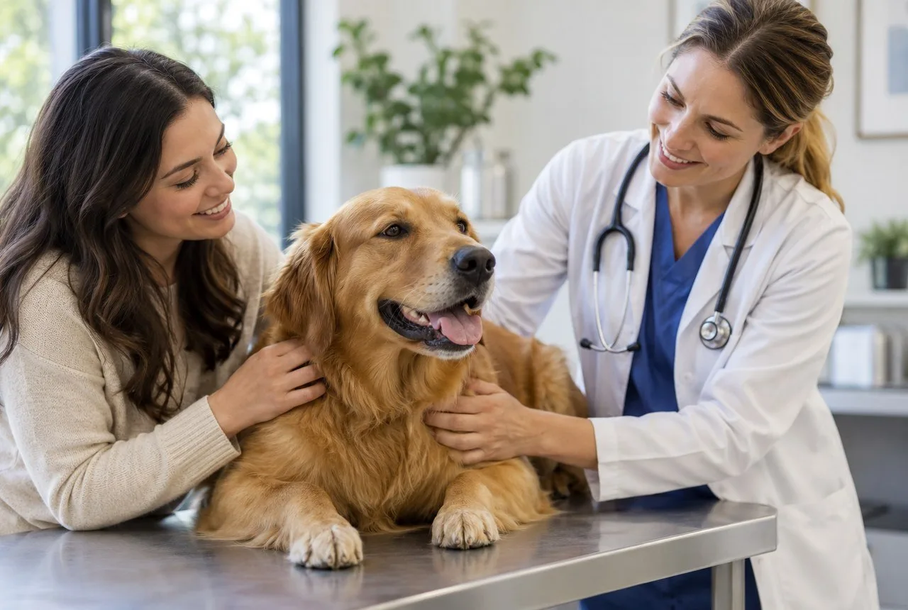 Owner and veterinarian with a dog at a clinic examination table
