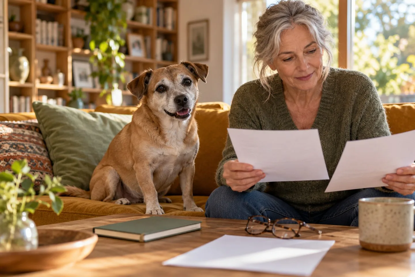 Pet owner comparing two documents beside a small tan dog at home